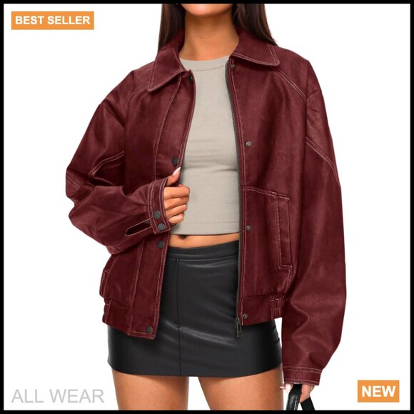 Jackets & Blazers - Faux Leather Bomber Jacket Oversized Moto Biker Zip Up Retro Chic